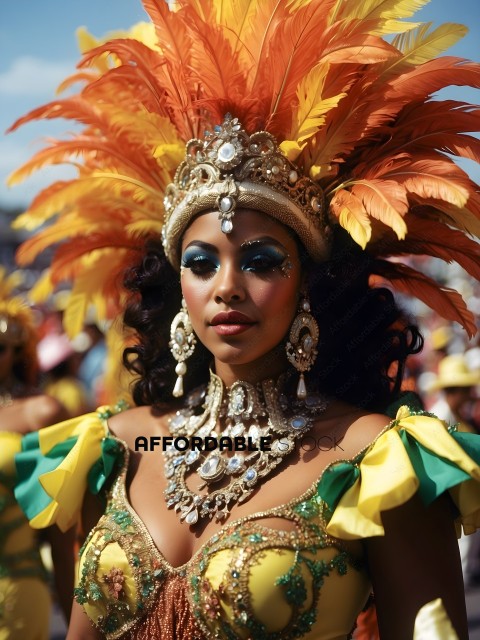 Woman wearing a colorful, feathered headdress