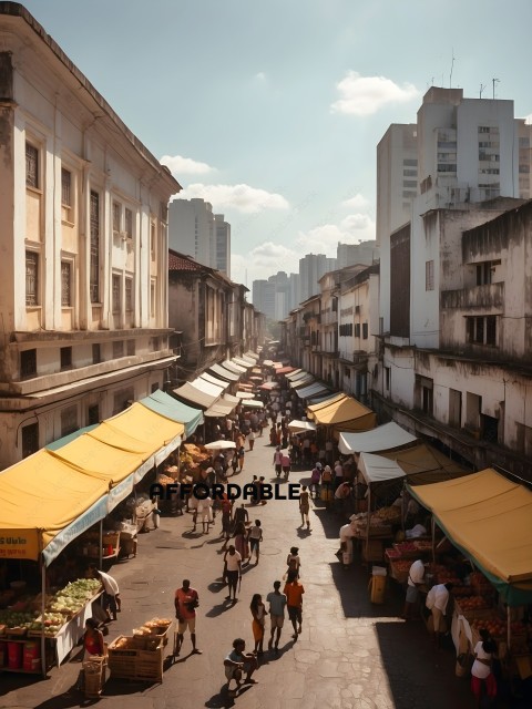 A crowded marketplace with yellow and white awnings