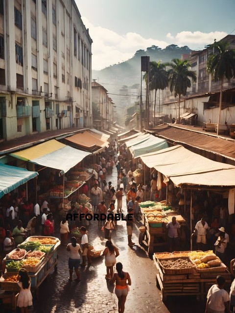 A busy marketplace with people shopping and walking around