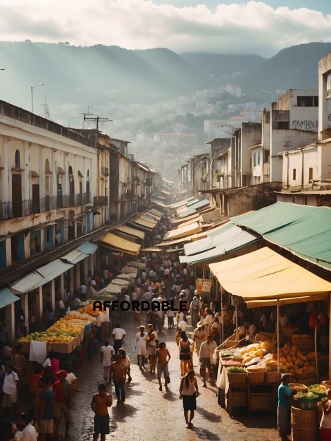 A crowded marketplace with a mountain in the background