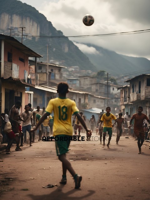 Young boy playing soccer in a village