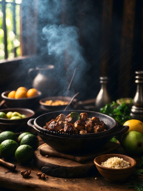 A table full of food with smoke coming from a pot