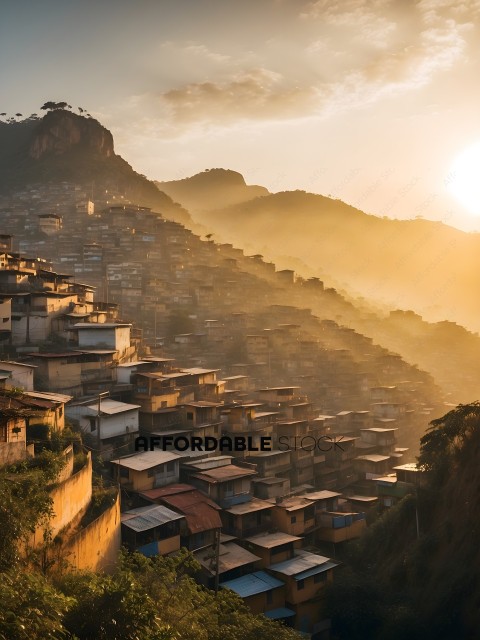 A mountain village with many houses and a beautiful view