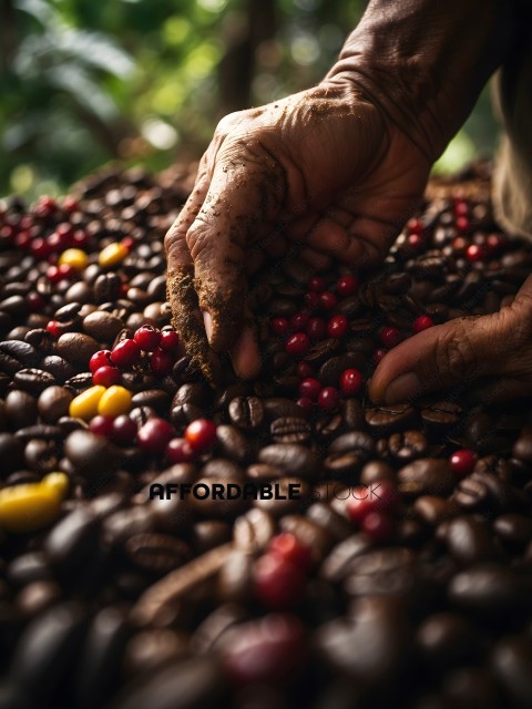 A person picking out red berries from a pile of coffee beans