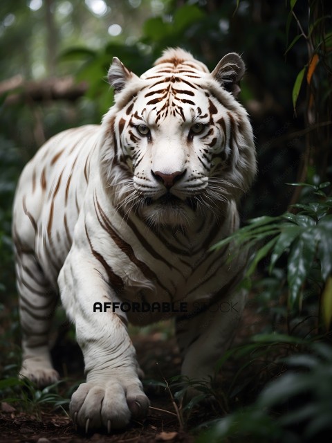 A white tiger walking through the jungle