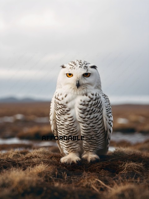 A white owl with yellow eyes sits on a grassy hill