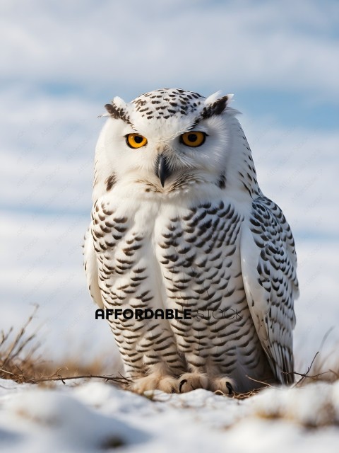 A white owl with yellow eyes