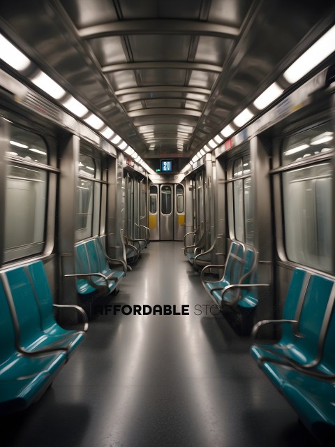 A subway car with blue seats