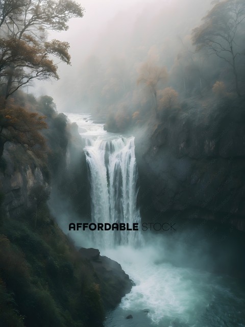 A waterfall in a forest with misty air