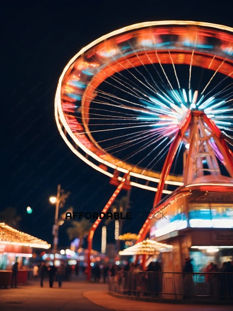 A nighttime carnival ride with a colorful wheel