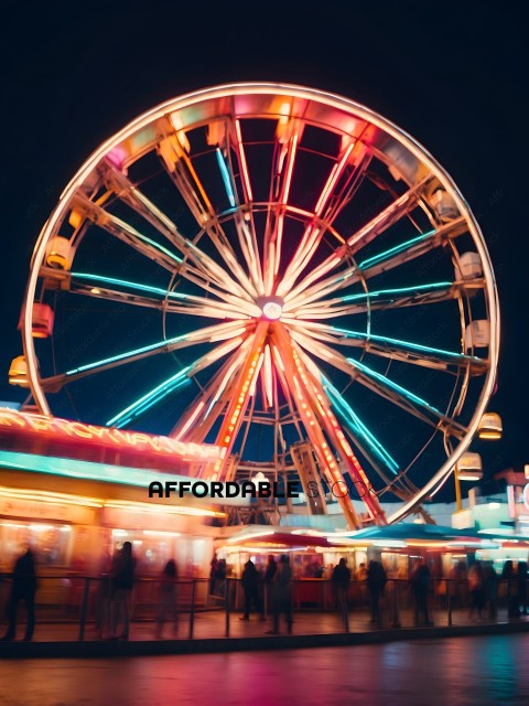People at nighttime amusement park with a large ferris wheel