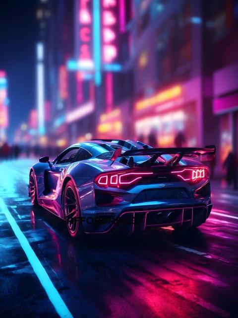 A futuristic car with neon lights on the back