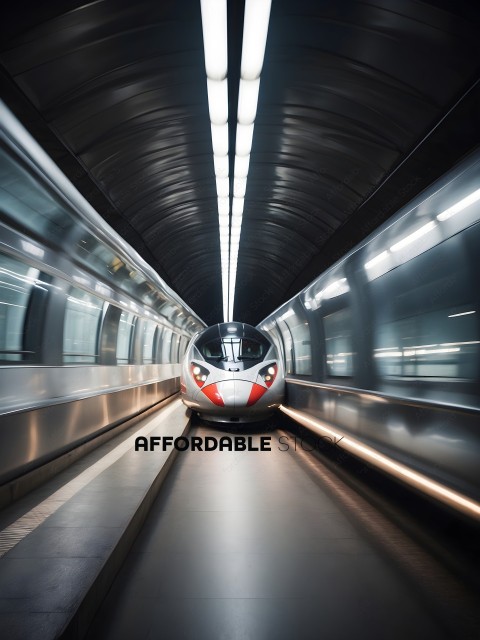 A train in a tunnel with a red and white front