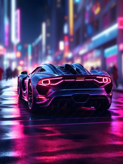 A futuristic car with neon lights on the road