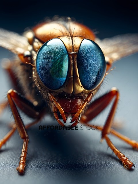 A close up of a bee's face with blue eyes