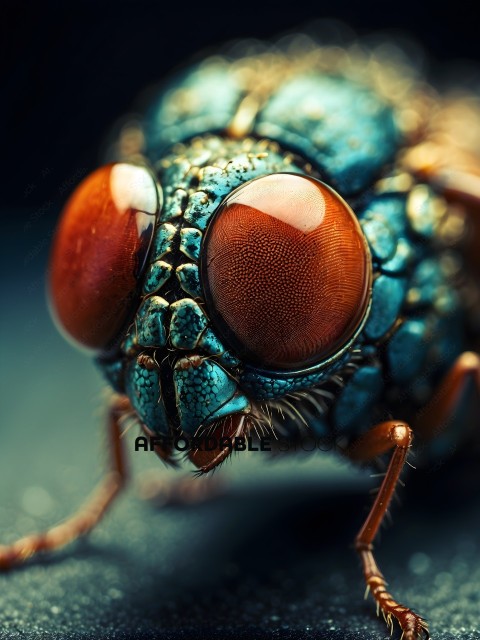 A close up of a blue and red fly
