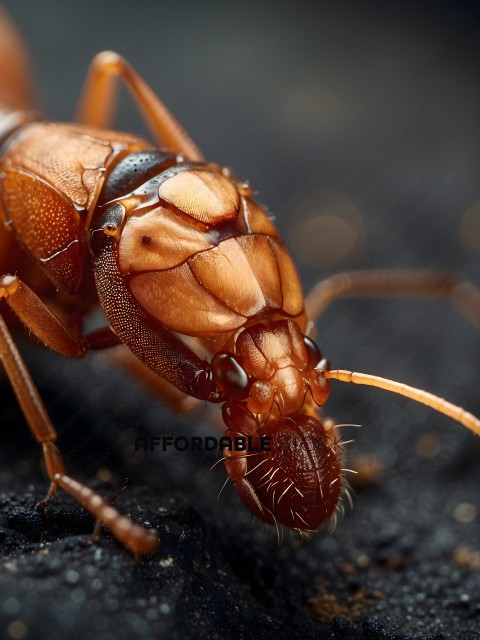 A close up of a brown ant with its head up