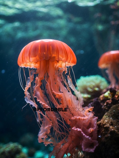 A close up of a red and white jellyfish