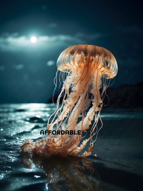 A jellyfish with a long, white, and orange tail