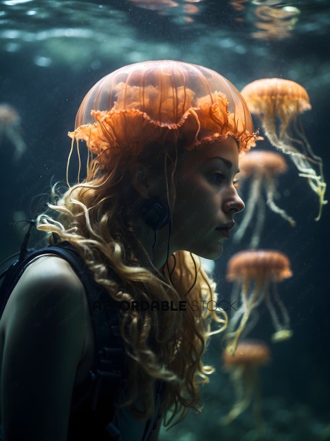 A woman with long hair and a headpiece looks at the camera while surrounded by jellyfish