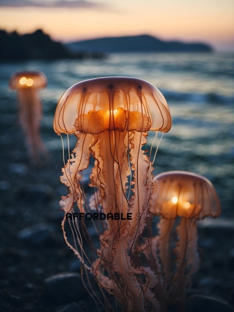 A group of jellyfish with lights on them