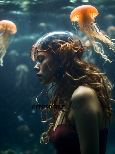 A woman wearing a headset and goggles in a dark underwater environment