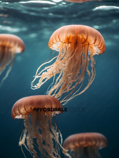 A group of four jellyfish in the water