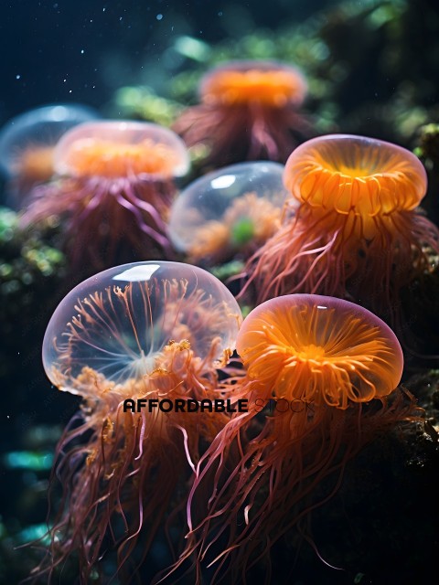 A group of jellyfish with orange and yellow colors
