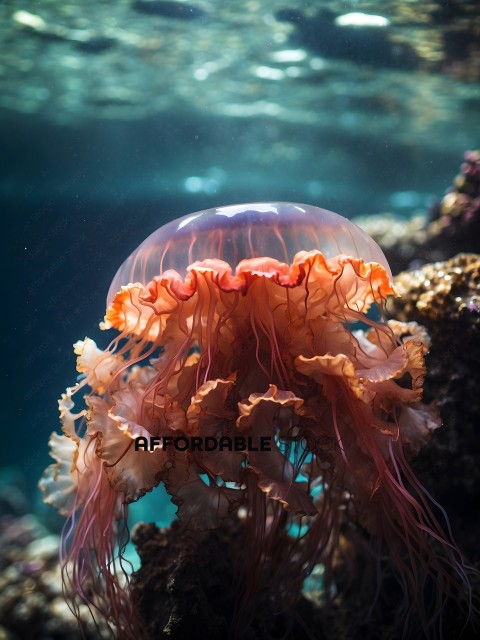 A close up of a jellyfish with a pink and orange body