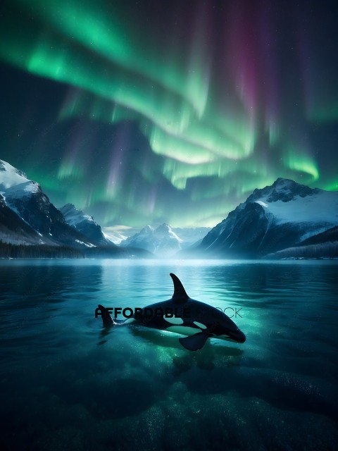 A black and white whale swims in the ocean under a sky of green and purple lights