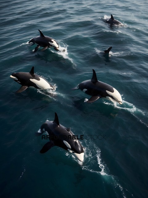 Three black and white whales swimming in the ocean