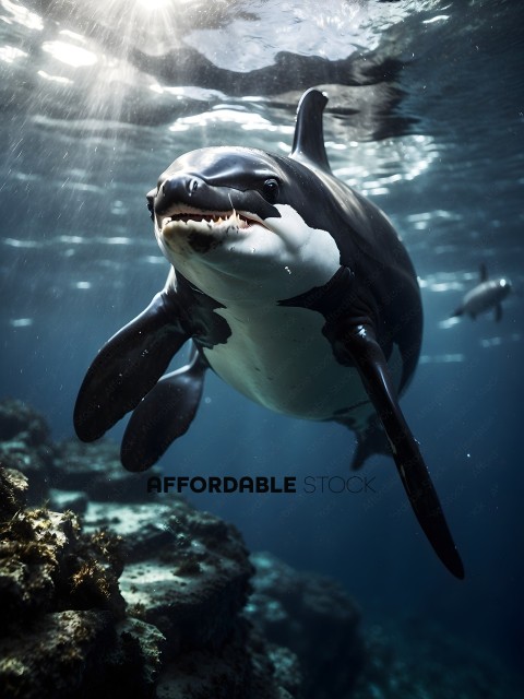 A black and white dolphin swims underwater
