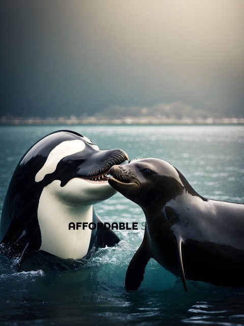 A black and white penguin kissing a black penguin