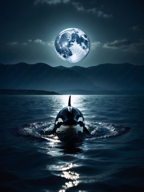 A whale swims under the moon