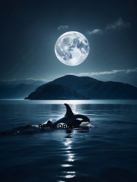 A whale swims in the ocean under a full moon
