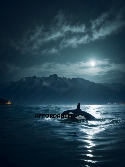 A black and white whale swims in the ocean at night