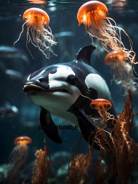 A black and white dolphin with a smile on its face