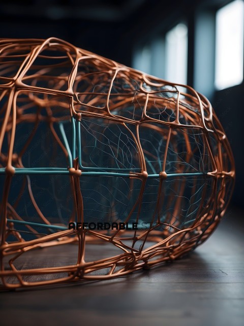 A copper wire sculpture with a blue background