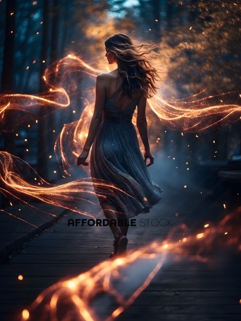 A woman in a dress walks down a path with fire behind her
