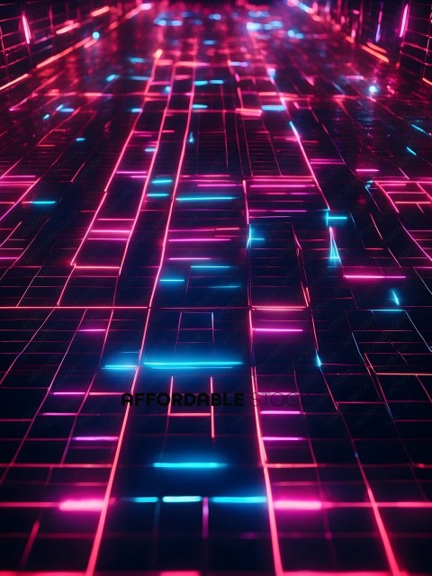 A colorful, neon-lit floor with a pattern of blue and pink squares