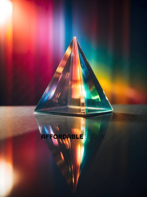 A colorful, triangular object reflects light