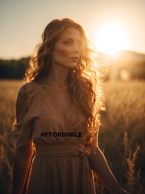 A woman in a brown dress stands in a field at sunset