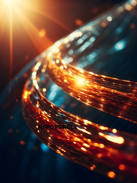 A close up of a red, yellow, and blue light reflecting off a fiber optic cable