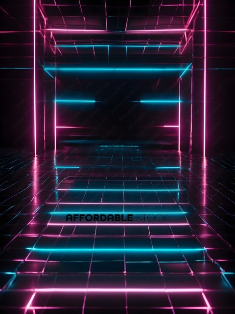 A neon lit staircase with a black background