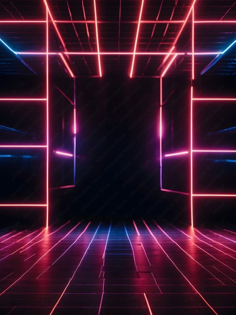 A neon lit room with a black background