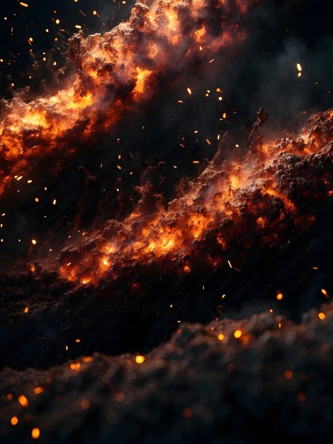 A fire in the background with a black and orange color scheme
