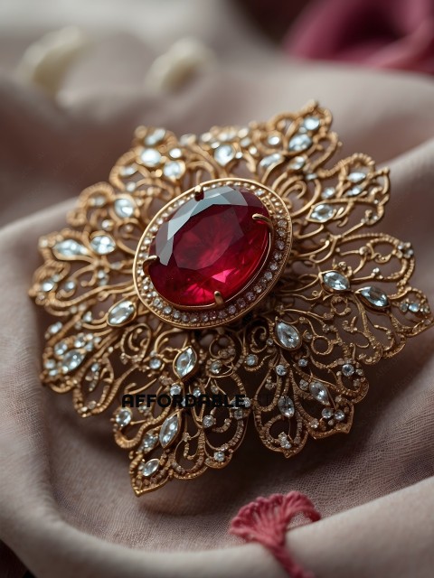 A gold and red brooch with a large red gemstone