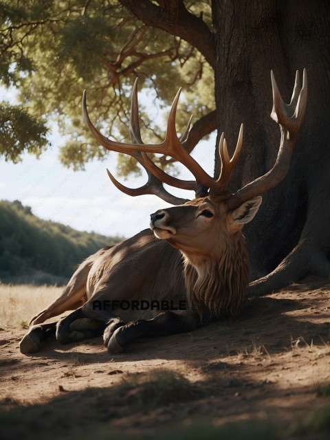 A deer with large antlers lays in the shade of a tree
