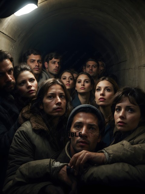 A group of people are standing in a tunnel