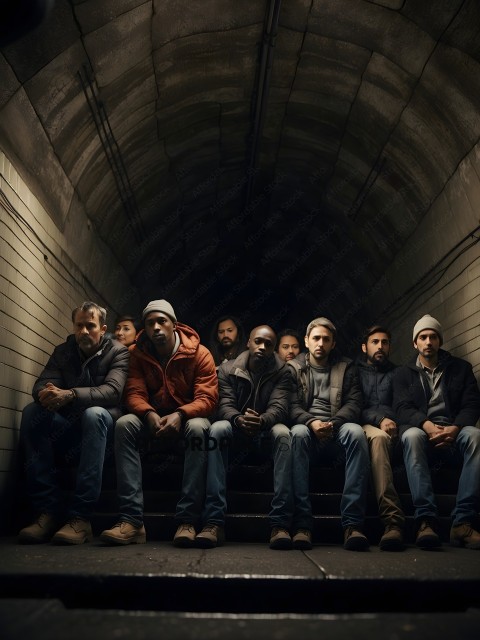 Men sitting on steps in a tunnel